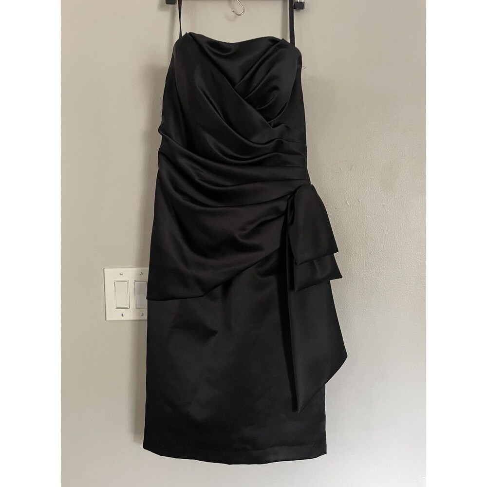 Mori Lee Madeline Gardner Black Satin Cocktail Dress Bow Strapless 7/8 Mini Prom